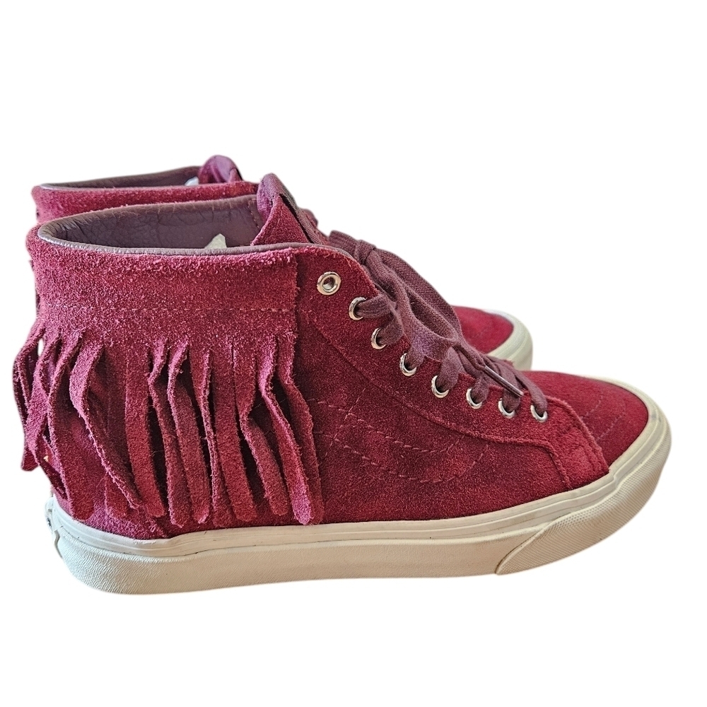 Vans Sk8 HI Mock Suede Womens High Tops Boho Fringe Sneakers Red Berry Size US 8 - Picture 13 of 15